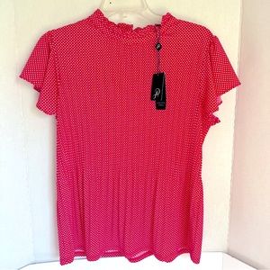 🍓Adrianna Papell NWT Ruffle trim Flutter sleeve blouse Pink White polka dot Med
